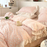 Taooba-100% Cottom queen bedding set Romantic printed rose ruffle pink bedding set princess home textile linen bed sheet set twin size