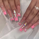 Taooba Christmas Nail  24Pcs Long Coffin False Nails Ballet French with Rhinestones Wearable Fake Nails Blue Flower Full Cover Press on Nails Tips Art