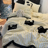 Taooba Christmas Gift Korean Style Bedding Set Green Strip Black Cat Embroidery Washed Cotton  Duvet Cover Cute Cardboard  Bed linen Comforter Sets