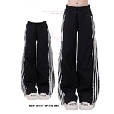 Taooba party outfit  Deeptown Vintage Striped Black Sports Pants Women Baggy Patchwork Lace Wide Leg Jogging Trousers Summer Korean Casual Sweatpants