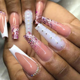 Taooba Christmas Nail  24Pcs Long Coffin False Nails Pink Simple Lines with Rhinestones French Beer Design Wearable Fake Nails Press on Nails Tips Art