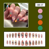 Taooba Christmas nail 24Pcs Short Round Head Pink Fake Nails with Rose Flowers leaf Pattern Wearable Almond False Nail Full Cover Press on Nails Tips