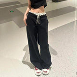 Taooba  party look inspos Deeptown Black Lace Women Casual Pants High Waist Baggy Sweatpants Korean Fashion Harajuku Autunm Oversized Trousers Vintage