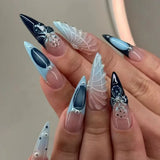 Taooba Christmas Nail  24Ps Black Y2k Fake Nails with Diamond Long Almond False Nail Butterfly Design Wearable Oval Stiletto Press on Nail Manicure Tip