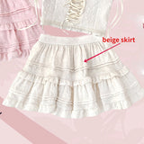 Taooba  party look inspos Autumn Kawaii Lolita Style Pink Skirt Sets Women Sweet Lace Bandage Tank Top Cute Mini Cake Skirt Chic Jacquard Relief Rose Suit