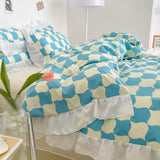 Taooba-Hot Luxury Romantic Ruffle Bedding Set 3/4pcs Sweet Princess Lace Duvet Cover Colorful Plaid Quilt Cover Bed Sheet Pillowcase