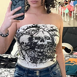 Taooba Christmas Gift outfit -New Goth Women's Crop top Y2K Summer Girl Punk Fashion Vest White Skull Printed Ruched Slim Fit Bandeau Top