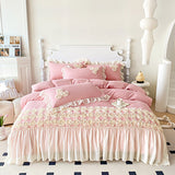 Taooba Christmas Gift 3Pcs Pink Skin-friendly Soft Three-dimensional Flowers Embroidery Lace Ruffles Princess Bedding Set Duvet Cover With Pillowcases