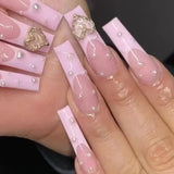 Taooba Christmas Nail  24Pcs Pink French False Nails French with Rhinestone Acrylic Fake Nail Tips Detachable Coffin Press on Nails Full Cover Manicure