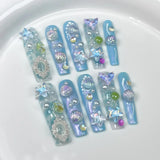 Taooba Christmas Nail  10Pcs Blue Handmade Butterfly Press on Nails Long False Nails Decoration with Rhinestones French Wearable Fake Nails Tips Art