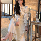 Taooba  party look inspos Elegant Stain Midi Dresses for Women Long Sleeve O-neck Bow Tie A-line Korean Fashion Chic Vestidos Folded Design Party Prom