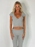 Taooba- Two Piece Solid Color V-Neck Crop Top and Pants Set