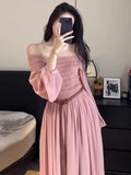 Taooba  party look inspos Autumn Sweet Elegant Long Dress With Sashes Women Casual Lantern Sleeve Slash Neck Midi Fairy Dress Female A-Line Party Vestidos