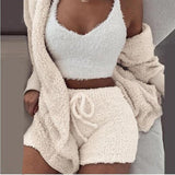 Taooba Christmas Gift outfit  Autumn Velvet Three Piece Suit Outfits Sexy Women White Matching Set Crop Top And Shorts Lounge Home Wear Pijama Oversize Winter