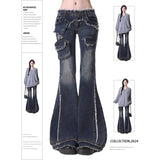 Taooba party outfit  Women Blue Japanese Cyber Punk Bell-Bottom Harajuku Y2K 90s Dark Academia Jeans Low Rise Flare Denim Pants Goblin Core Halloween