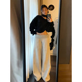 Taooba party outfit  Spring Gray Splicing Wide leg pants Contrasting Casual Pants Wide Elastic High Waist Women Straight Leg Chic Street Trousers