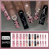 Taooba Christmas nail 24Pcs French False Nails Pink Zebra Pattern Press on Nails Medium Square Coffin False Nails Y2k Artificial Full Cover Nail Tips