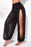 Taooba - Black Fashion Casual Solid See-through Slit Regular High Waist Trousers