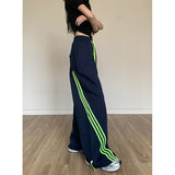 Taooba party outfit  Black Striped Sweatpants Women Preppy Style High Waist Loose Casual Trousers Korean Chic Gray Lace Up Streetwear Wide Leg Pants