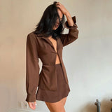 Taooba Christmas Gift outfit  Turn-down Collar Button Women Two Piece Set Brown Long Sleeve Top High Waist Skirt Women Autumn Sexy Slim Office Outfits