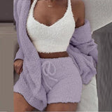 Taooba Christmas Gift outfit  Autumn Velvet Three Piece Suit Outfits Sexy Women White Matching Set Crop Top And Shorts Lounge Home Wear Pijama Oversize Winter