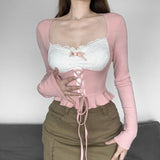 Taooba Christmas Gift outfit  2023 Spring and Summer Women's Pink Long Sleeve Top Lace Patchwork Tube Top T-shirt Pulovers with Button Cute Sexy Y2k Top