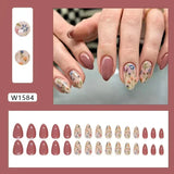 Taooba Christmas nail 24Pcs Short Round Head Pink Fake Nails with Rose Flowers leaf Pattern Wearable Almond False Nail Full Cover Press on Nails Tips