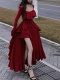 Taooba  party look inspos Autumn Red Vintage Elegant Dress Women Flare Sleeve Designer Sweet Long Dress Female Ruffles Retro Princess Irregular Dress 2024