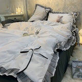 Taooba Christmas Gift Nordic Grey White Quilt Cover Korean Prinsess Bow Girl Bedding Sets Simple Solid Color Bedclothes Decor Bedroom