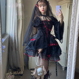 Taooba  party look inspos Dark Gothic Lolita Style Dresses Victorian Women Lace Halter Neck Bandage Corset Jsk Dress Japanese Fashion Holiday Party Dress