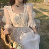 Taooba  party look inspos 2025 Spring Lace Sweet Elegant Dress Women Evening Party One Piece Dress Korean Kawaii Short Sleeve Dress Female Square Collar