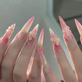 Taooba 24Pcs Long Almond Wearable Fake Nails with Bow Diamond Design Ballerina Nail Art Sweet Cool French Full Cover Press on Nail Tips