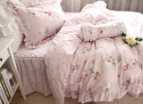 Taooba-New Sweet pink LOVE bedding set rustic ruffle duvet cover print quilt cover elegant wrinkle bed sheet bedspread princess bedding