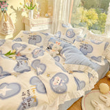 Taooba-Lovely Princess Flower Print Ruffles Bedding Set 100% Cotton Cute Girls Duvet Cover Set with Bed Sheet Kawaii Bedding Sets Soft