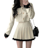 Taooba Christmas Gift outfit  outfit inspo 2024 Autumn and Winter Elegant  Contrast Color Stitching Lapel Short Coat + High Waist Pleated Skirt Suit White