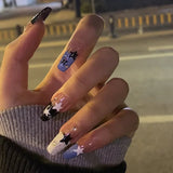 Taooba Christmas Nail  24Pcs Black Long Square False Nails Ice Blush Flush Rhinestone Nail Patch Five-pointed Star Curve Fake nails Full Cover Art Tips