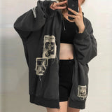 Taooba Harajuku E-girl Gothic Dark Academia Sweatshirts Grunge Punk Letter Wings Graphic Zip Up Hoodie Y2K Aesthetic Mall Goth Coat