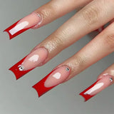 Taooba Christmas Nail  24Pcs Square False Nails with Glue Wearable Red Long Coffin Fake Nails Rhinestone Design Ballet Full Cover Press on Nails Tips