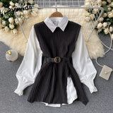 Christmas Gift Woman Sweater Vest Lantern Sleeve Shirt Two Piece Sets with Waistband 2024 Fall Fashion Jumpers Office Lady Pullover