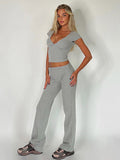 Taooba- Two Piece Solid Color V-Neck Crop Top and Pants Set