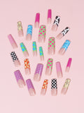 Taooba 24 pieces of long coffin shaped French cloud&flower&checkered pattern fake nails enhance your style