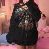 Taooba Mall Goth Skull Graphic Print Hoodie Dark Preppy Y2k Grunge Sweatshirts Jacket Harajuku Aesthetic Retro Women Fairycore Clothes