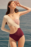 Taooba Christmas Gift outfit -Asymmetric Cutout Patchwork Print Sleeved Strappy Back One Piece Swimsuit