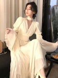 Taooba  party look inspos French Pleated Long Sleeve Dresses for Women 2024 Elegant V Neck Flare Sleeve Ruffles Midi Vestiods Mujer Autumn Vintage Clothes