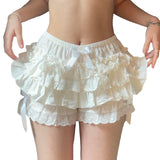 Taooba party outfit  Women y2k Lace Splice Shorts Layered Bodycon Ruffle Elastic Waist Shorts Bow Sweet Kawaii Harajuku Mini Short Pants Streetwear