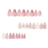 Taooba Christmas nail 24Pcs Short Round Head Pink Fake Nails with Rose Flowers leaf Pattern Wearable Almond False Nail Full Cover Press on Nails Tips