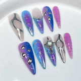 Taooba Christmas Nail  10pcs Aurora Gradient Pink Stiletto Almond Press On Nails Blue Long Fake Nails with 3D Heart Butterfly Sweet Cool Nail Tips Art