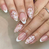 Taooba Christmas nail 24Pcs Short Round Head Almond Fake Nails with Flowers Grass Pattern Wearable False Nails Tips Summer Full Cover Press on Nails