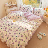 Taooba-Kawaii Rainbow Bedding Set Cotton Twin Full Queen Size Strawberry Flower Hearts Cute Fitted Bed Sheet Pillowcases Duvet Cover