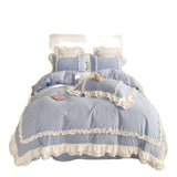 Taooba Christmas Gift Elegant Lace Bedding Sets Luxury Bed Linen Princess Washed Cotton Ruffle Duvet Cover Bed Sheet and Pillowcases for Girl Luxury